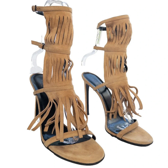 Gucci Becky Suede Fringe Camelia color Gladiator Sandal Heels 40/ US 10 - Picture 1 of 16